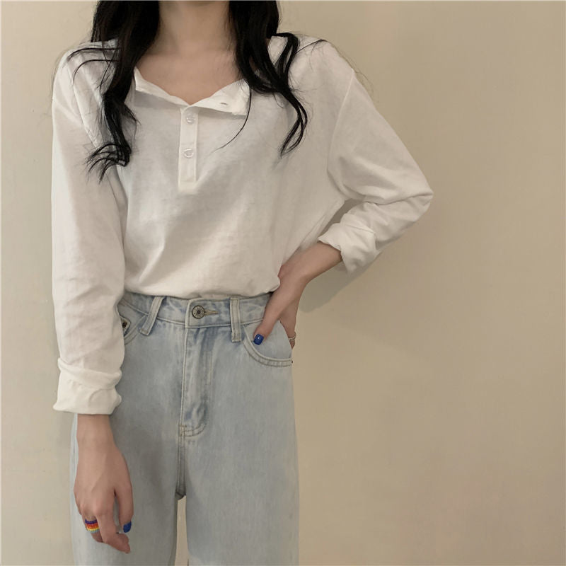 Women's Long Sleeve Henley Shirt with Modern Collar and Continuous Button Placket Lune London
