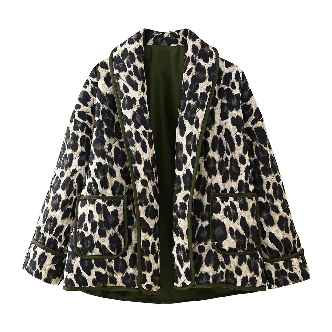 Women's Padded Kimono Jacket with Leopard Print, Oversized Cut and Patch Pockets Amarae
