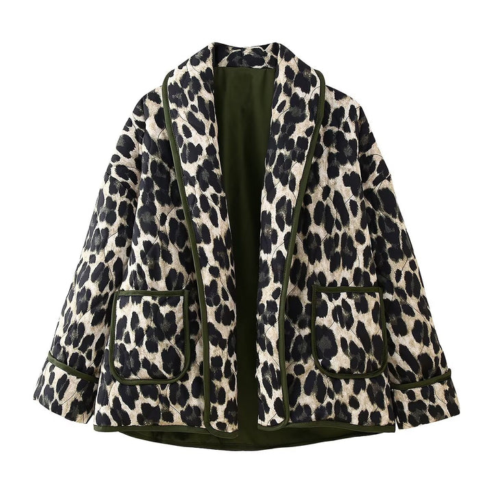 Women's Padded Kimono Jacket with Leopard Print, Oversized Cut and Patch Pockets Amarae