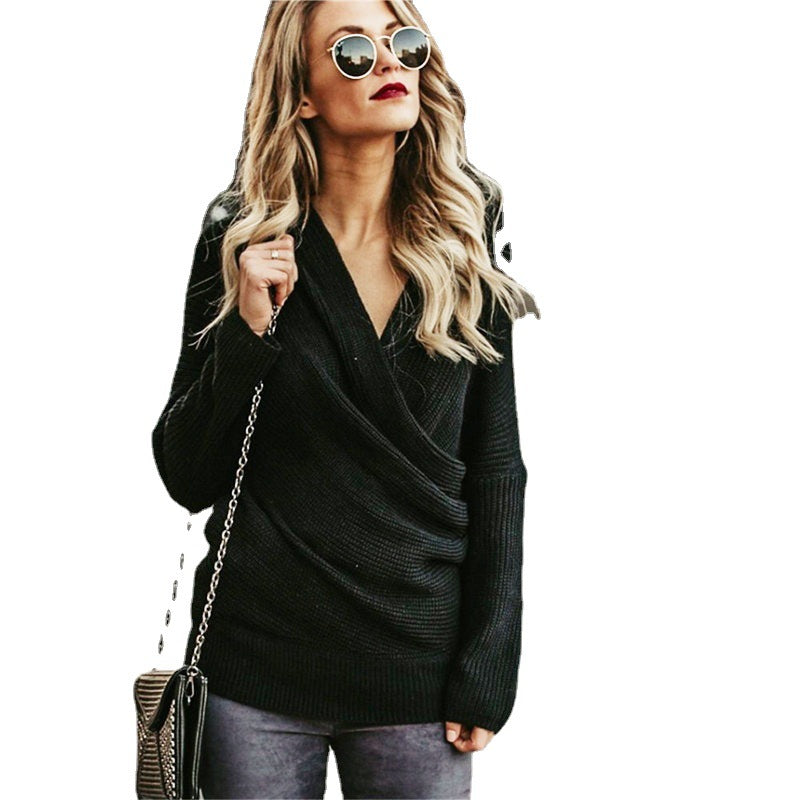 Elegant casual knit sweater for women with deep neckline and wrap design Lune London