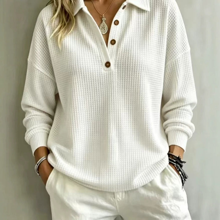 Ladies waffle knit polo with oversized fit, button placket and roll neck look Amarae