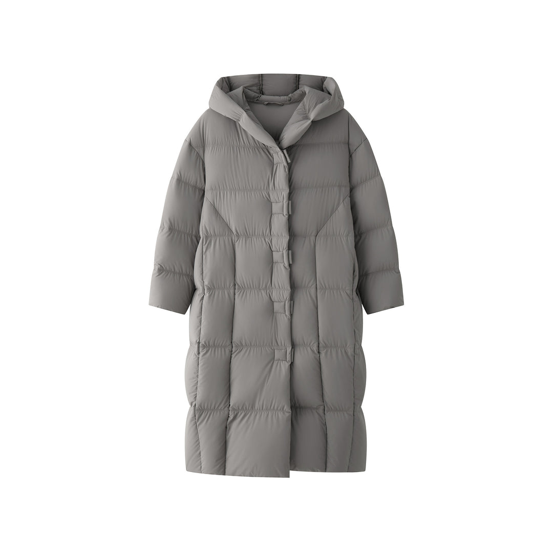 Women's Long Quilted Oversized Puffer Coat with Hood and Snap Button Placket Amarae