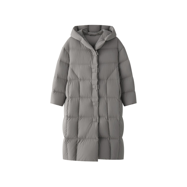Women's Long Quilted Oversized Puffer Coat with Hood and Snap Button Placket Amarae