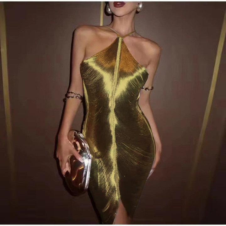Ladies Elegant Party Dress with Seductive Slit and Gold Accents Lune London