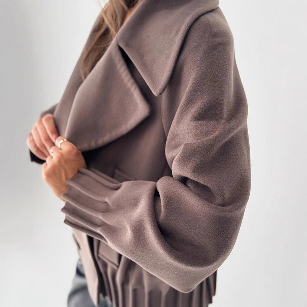 Women's Short Boxy Wool Coat with Oversized Shawl Collar, Double Button Placket and Ribbed Cuff Amarae