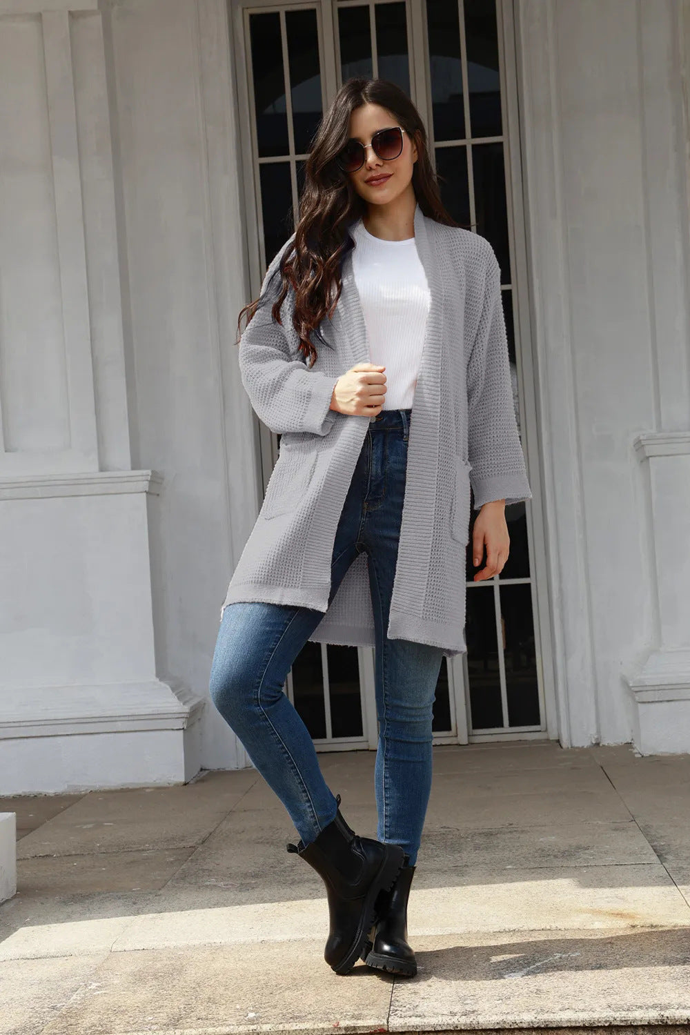 Ladies large knitted cardigan with open pockets Lune London