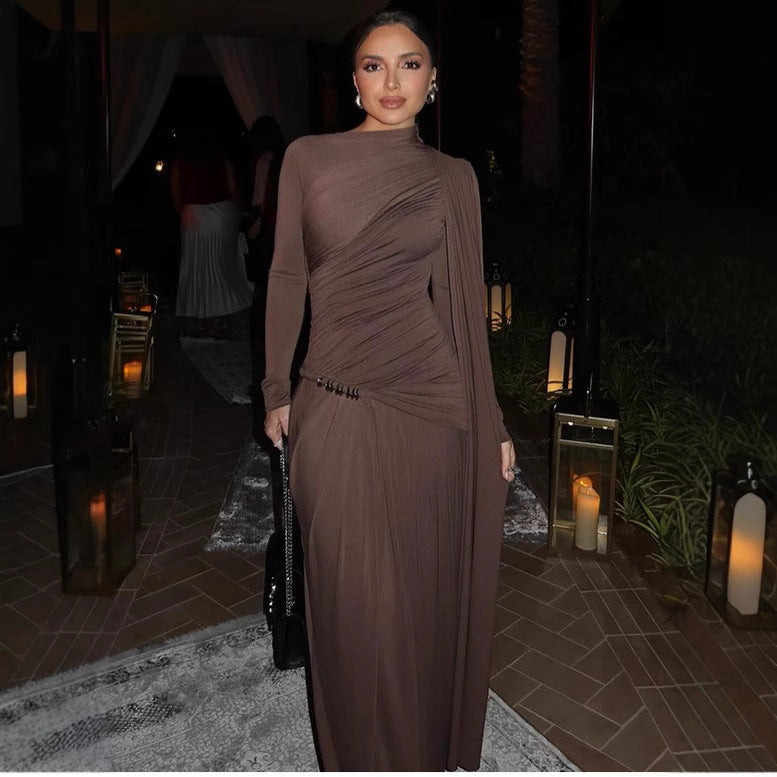 Women's figure-hugging evening dress with asymmetrical draping, gathered bodice and long draped bow Amarae