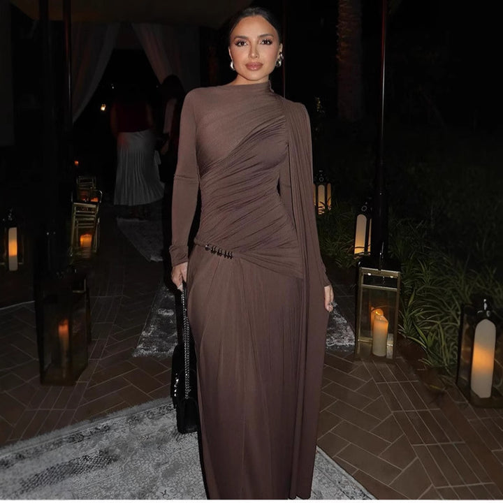 Women's figure-hugging evening dress with asymmetrical draping, gathered bodice and long draped bow Amarae