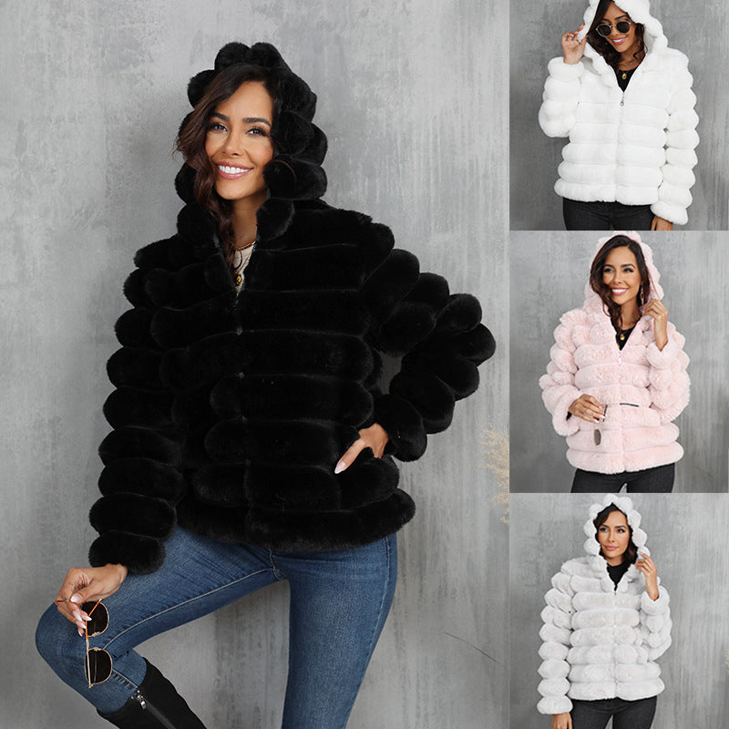 Women's faux fur hooded jacket with textured pattern Lune London