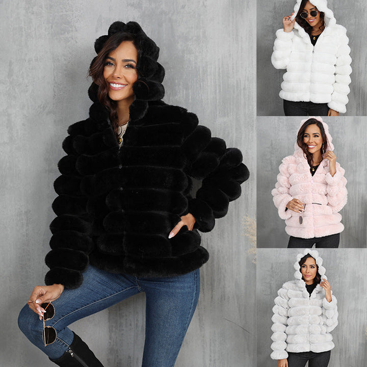 Women's Trendy Hooded Jacket Made Of Faux Fur with Textured Pattern Lune London