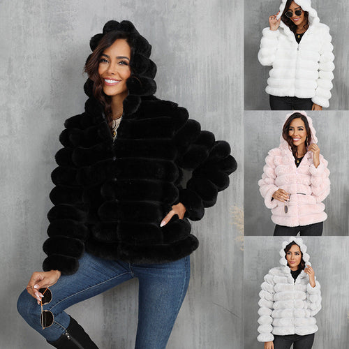Women's Trendy Hooded Jacket Made Of Faux Fur with Textured Pattern Amarae