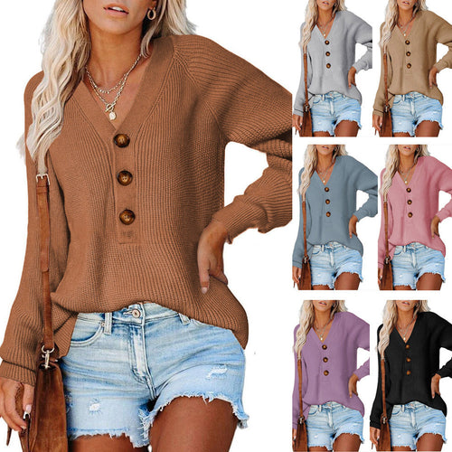 Knitted sweater for women with V-neck and button details Amarae