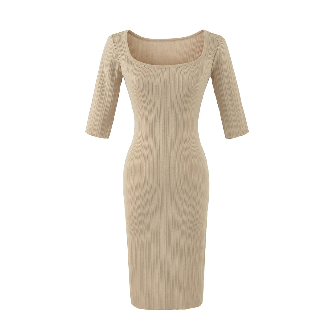 Women's Ribbed Midi Dress with Square Neckline and Three-Quarter Sleeves Amarae