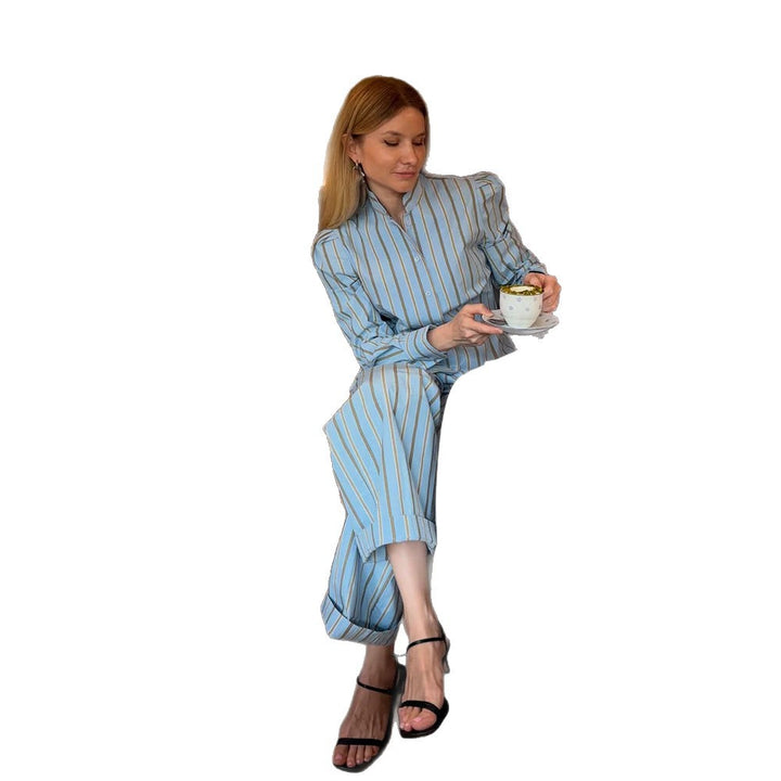 Women's Striped Loungewear Two-Piece Set with Tailored Shirt Blouse and Wide Leg Trousers Amarae