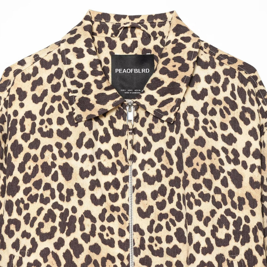 Women's Cropped Bomber Jacket in Oversized Cut with Full Length Zipper and Leopard Print Amarae