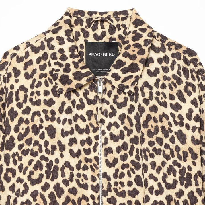Women's Cropped Bomber Jacket in Oversized Cut with Full Length Zipper and Leopard Print Amarae