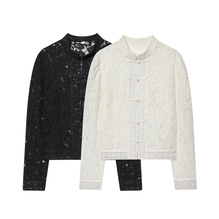 Women's lace jacket with mandarin collar and decorative frog closures Amarae