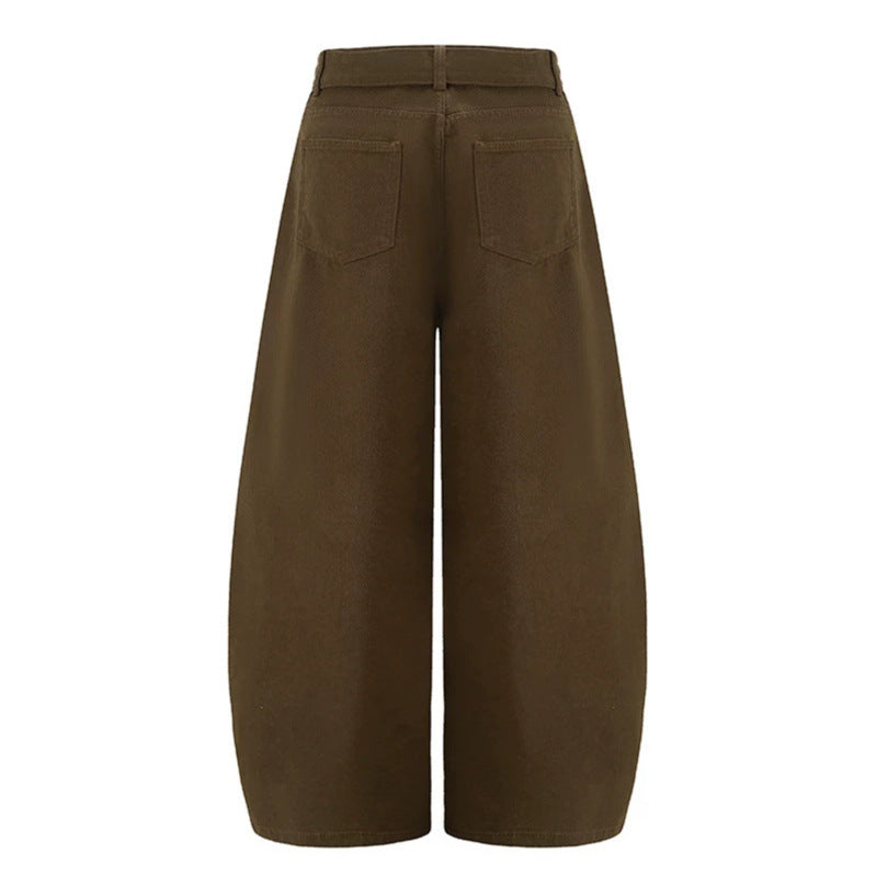 Women's Extra Wide High-Waist Palazzo Pants with Decorative Knee Patch, Tied Belt and Culotte Cut Amarae