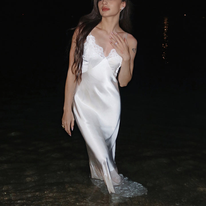 Ladies Satin Nightgown with Lace Accents Lune London