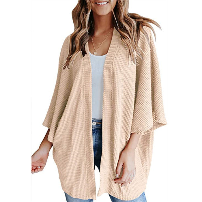 Ladies Waffle Knit Open Kimono Cardigan with Batwing Sleeves Amarae