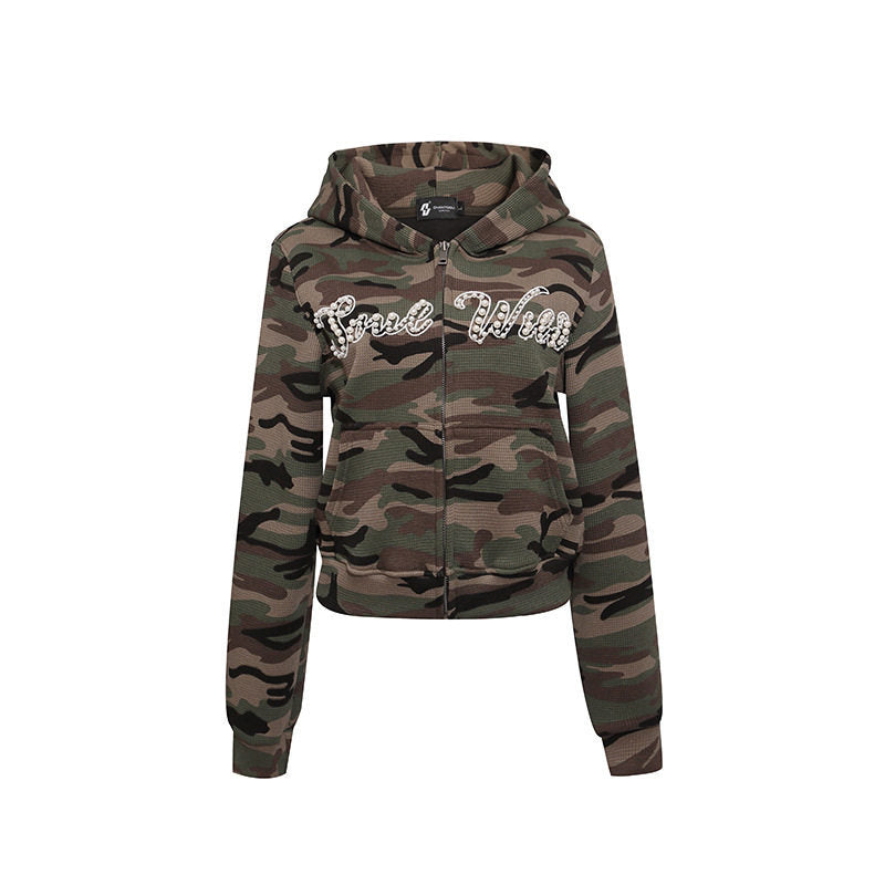 Women's Cropped Hoodie in Camouflage Structure Knit with Beaded Writing Amarae