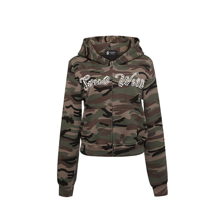 Women's Cropped Hoodie in Camouflage Structure Knit with Beaded Writing Amarae