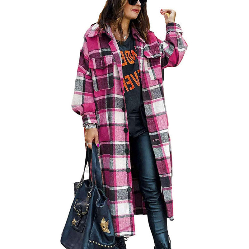 Ladies Long Checkered Coat with Practical Pockets and Button Closure Lune London