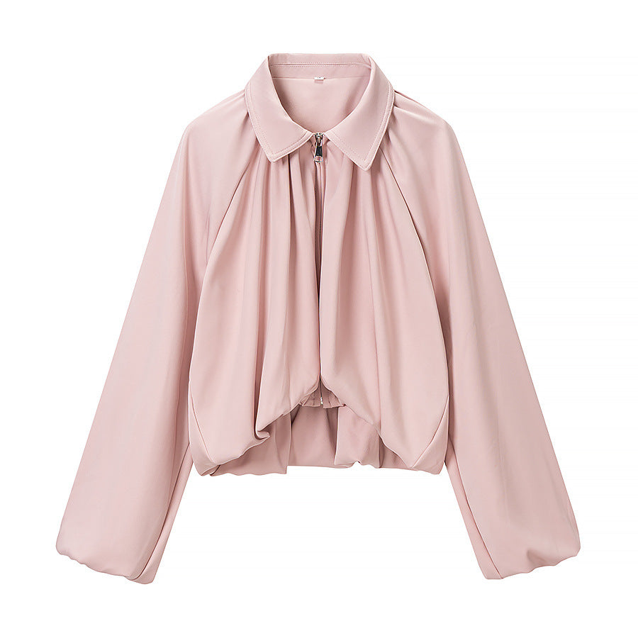 Women Short Cape Jacket with Wide Balloon Sleeves and Zipper Amarae