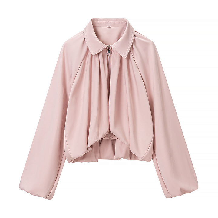 Women Short Cape Jacket with Wide Balloon Sleeves and Zipper Amarae