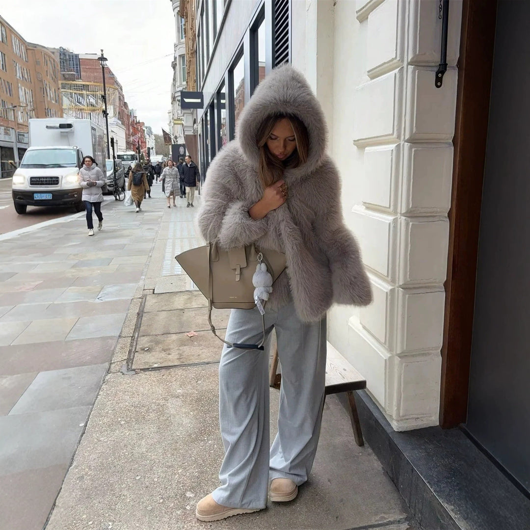 Women's Hooded Faux Fur Short Jacket with Dense Long Pile and Oversize Silhouette Amarae