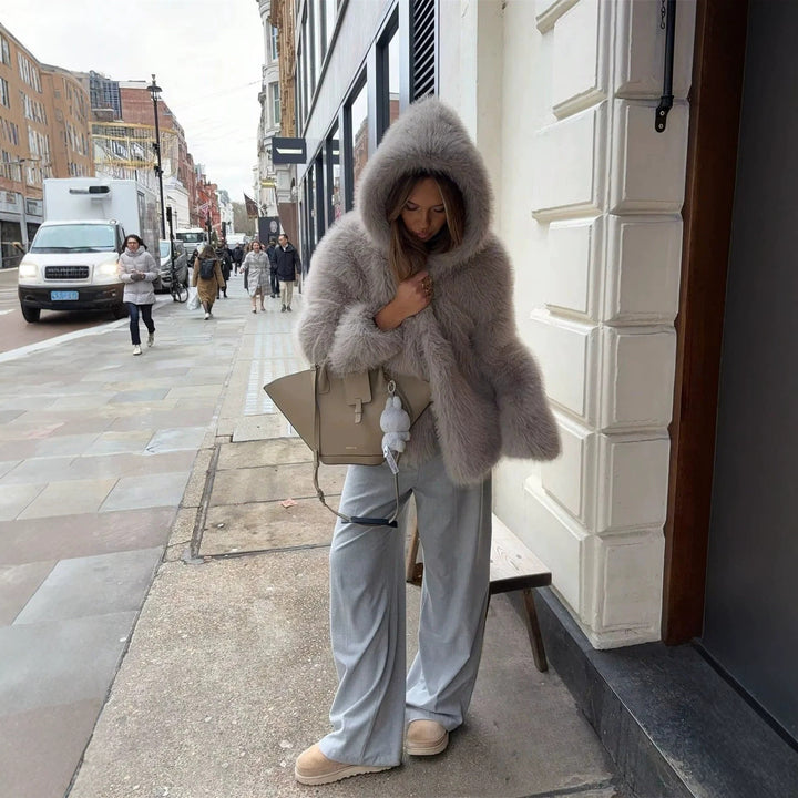 Women's Hooded Faux Fur Short Jacket with Dense Long Pile and Oversize Silhouette Amarae