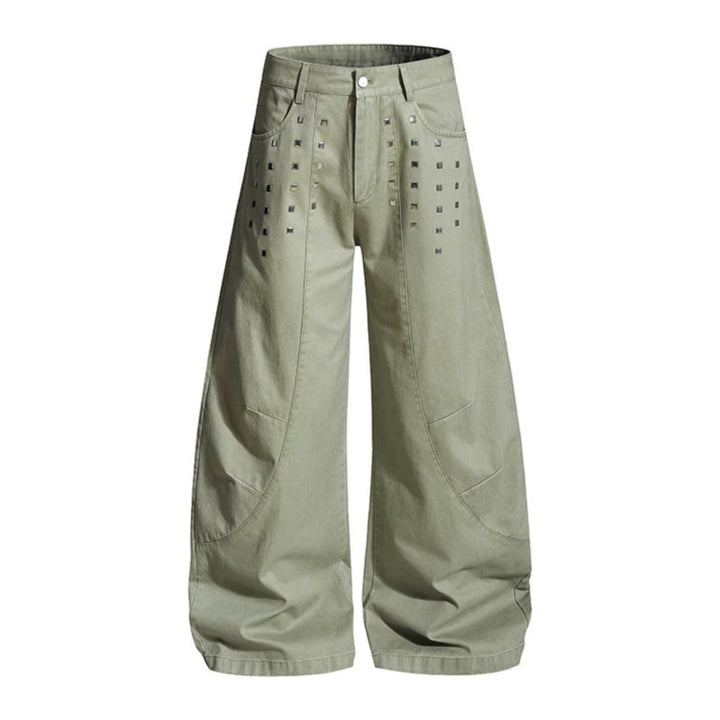 Women Wide Culotte Cargo Pants with High Waist and Metal Rivets, Low Crotch and Patch Pockets Amarae