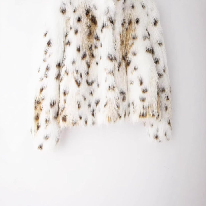 Women Short Faux-Fur Jacket with Dotted Lynx Print and Minimalist Stand Collar Amarae