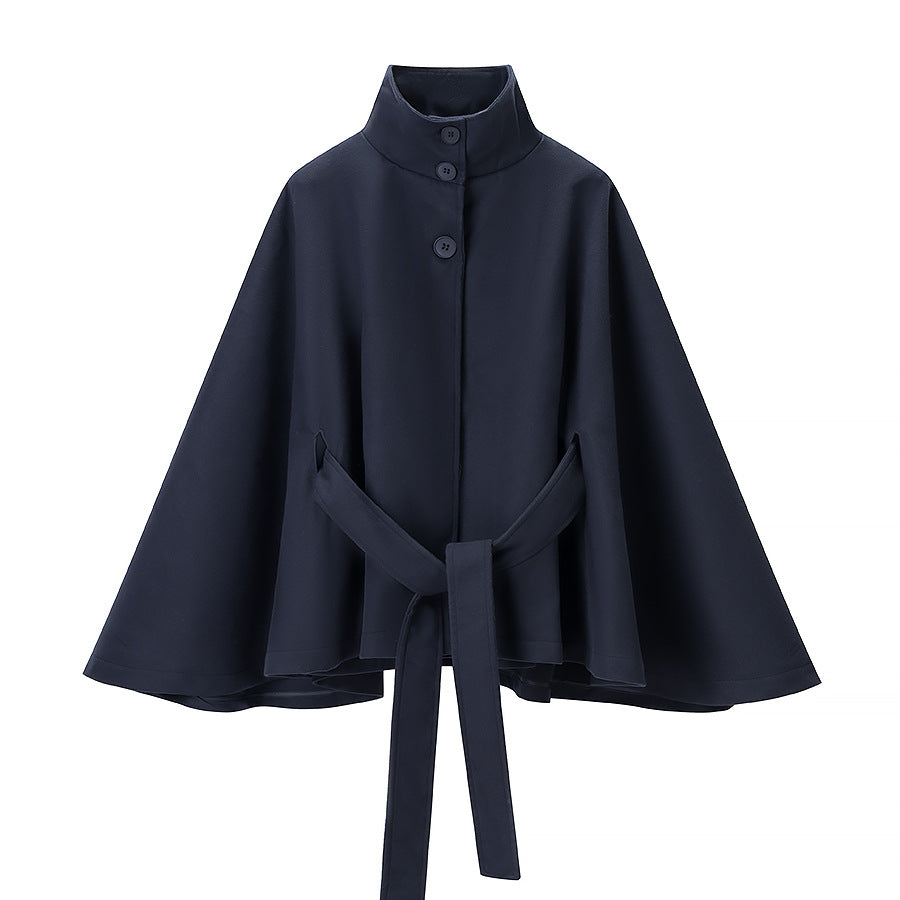 Women's short cape with stand-up collar, concealed button placket, and waist tie belt Amarae