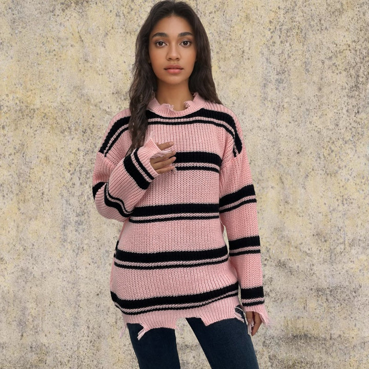 Casual striped sweater for women with frayed details Lune London