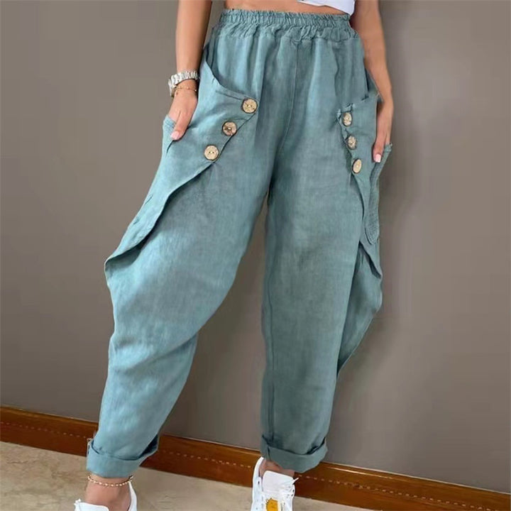 Women Casual Chino Pants with Button-Adorned Pockets Lune London