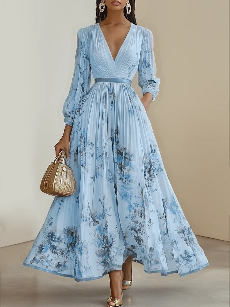 Women Magnificent Maxi Dress with Deep V-Neck and Floral Design Lune London