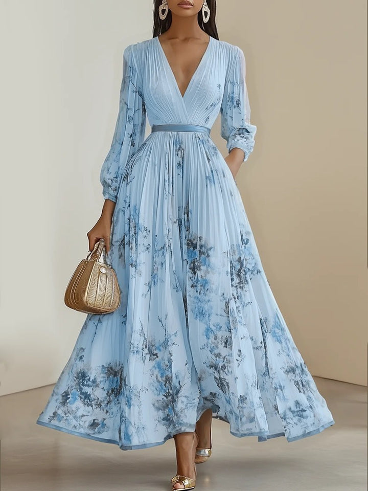 Women Magnificent Maxi Dress with Deep V-Neck and Floral Design Lune London