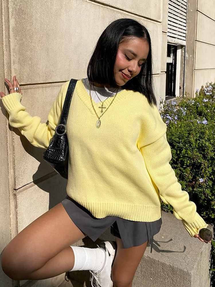 Women Oversize V-Neck Fine Knit Sweater with Structured Stitch Look and Ribbed Cuffs Amarae