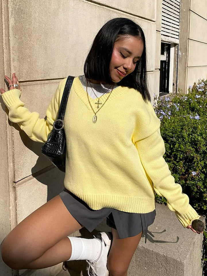 Women Oversize V-Neck Fine Knit Sweater with Structured Stitch Look and Ribbed Cuffs Amarae