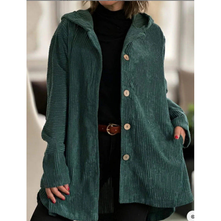 Amarae | Jacket with Hood - Cord - Loose Fit - Medium Length - Button Details
