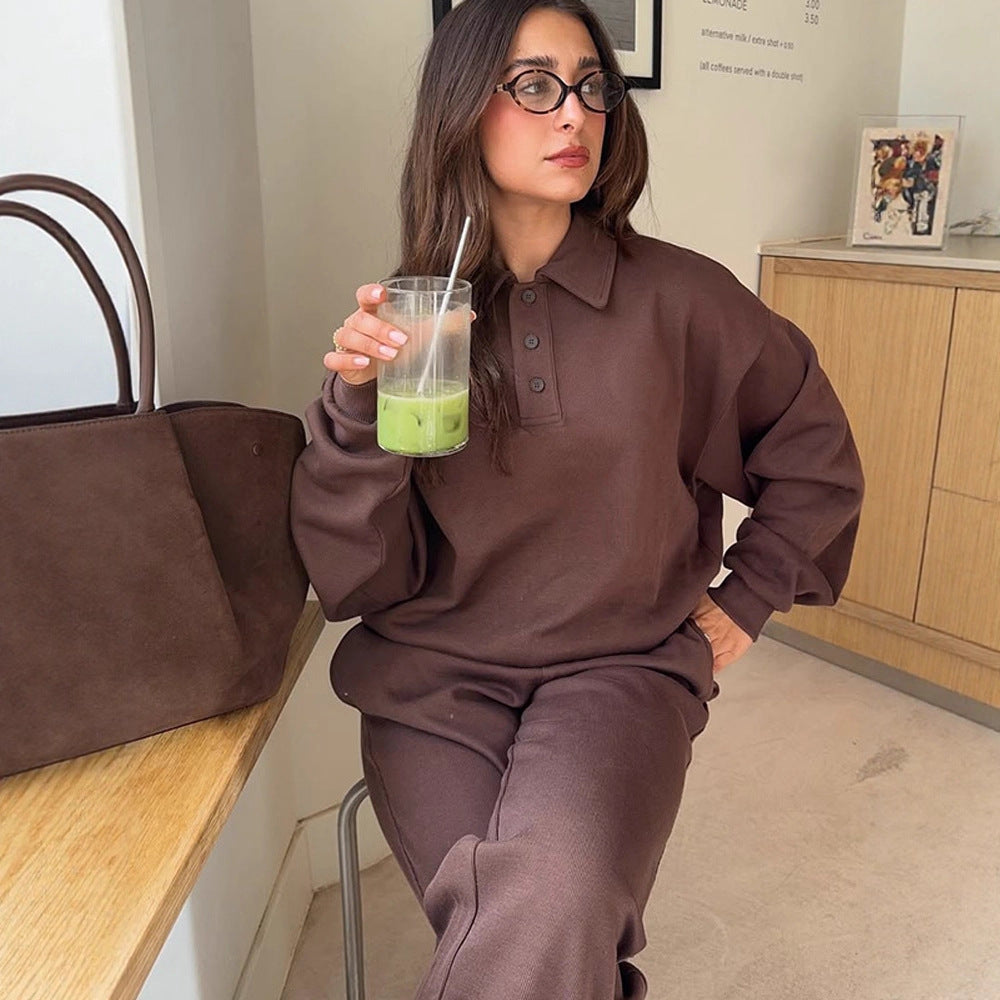 Women's Casual Polo Sweatset made of Organic Cotton Fleece with Oversized Sweater and High-Waist Jogger Amarae