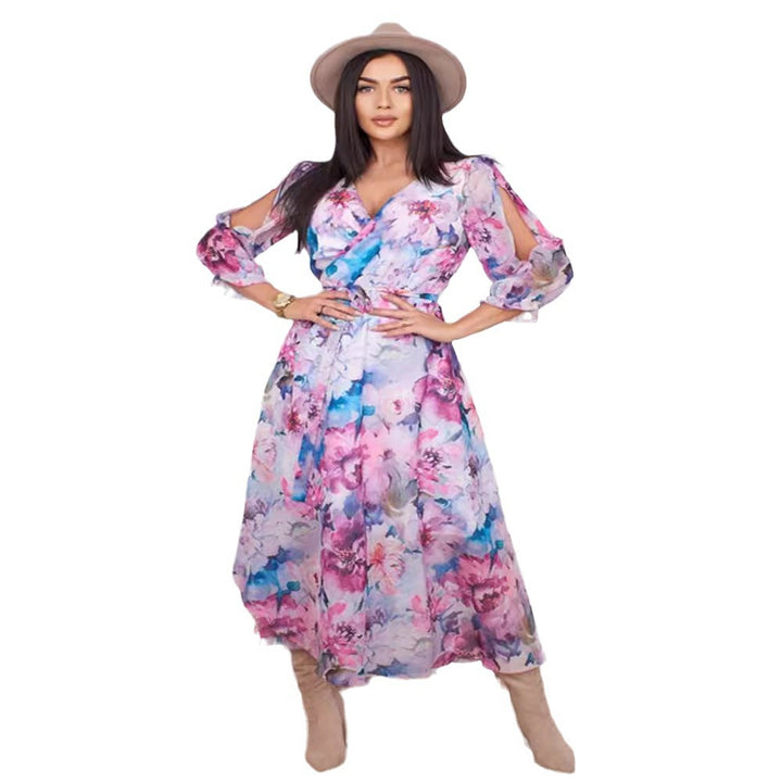 Ladies Maxi Long Dress with Floral Cut and Refined Sleeves Lune London