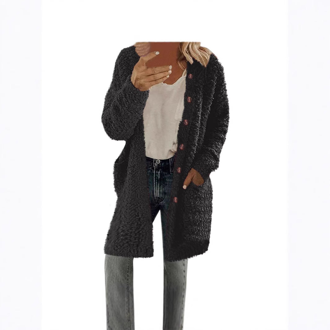 Ladies Long Plush Jacket with Button Detail Amarae