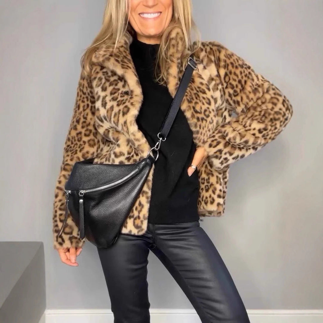 Ladies Leopard Print Faux Fur Jacket with High Collar Lune London