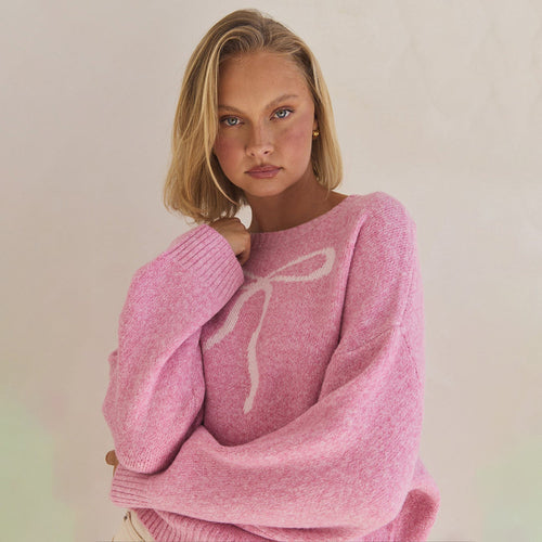 Amarae Plush Women's Sweater with Decorative Bow Pattern