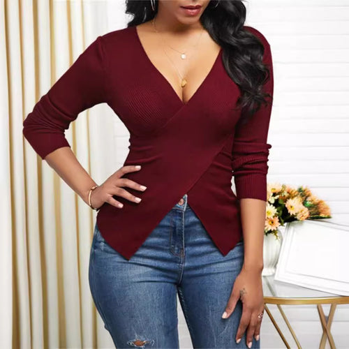 Ladies elegant rolled top in textured ribbed fabric and deep V-neck Amarae