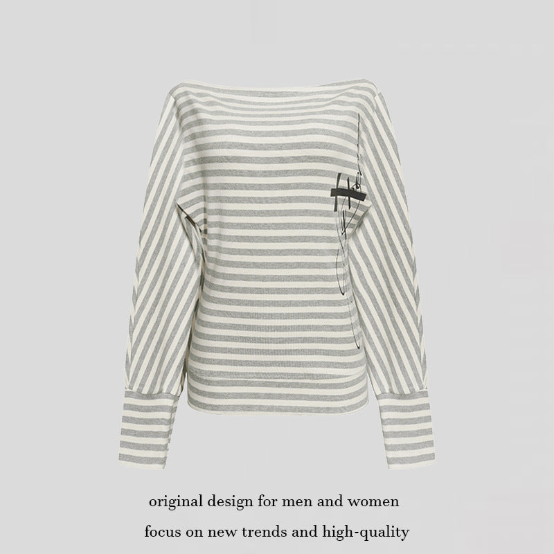 Women's Figure-hugging Striped Long Sleeve Shirt with Wide Boat Neck and Cropped Batwing Sleeves Amarae