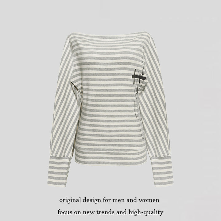 Women's Figure-hugging Striped Long Sleeve Shirt with Wide Boat Neck and Cropped Batwing Sleeves Amarae