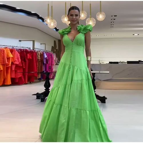 Maxi dress for women with a floating ruffle design and an elegant V neck Amarae